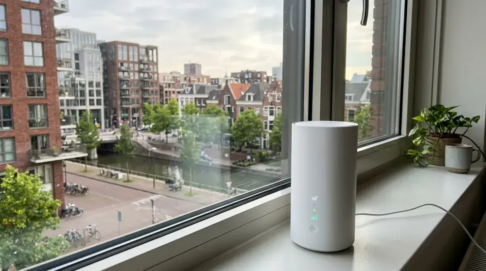 5G home internet router on a living room shelf