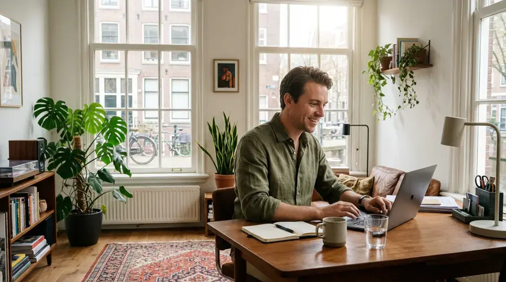 Bright home office of an expat working remotely in the Netherlands
