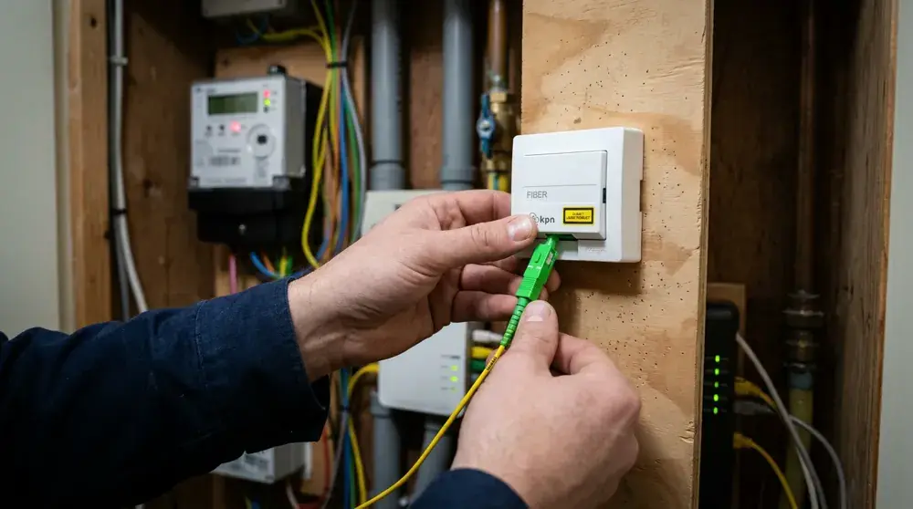 Technician installing a fiber optic wall outlet in a Dutch home