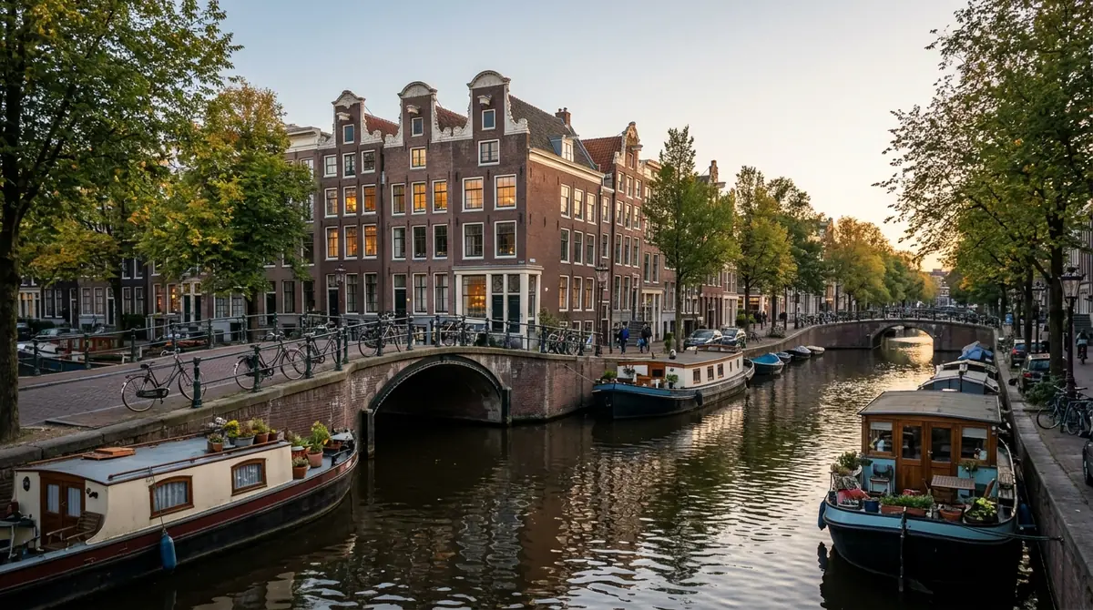 Amsterdam canal with gabled houses at golden hour