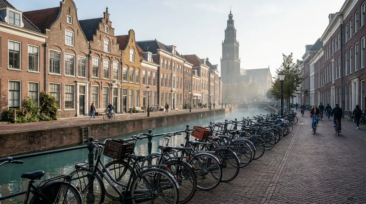 Bicycles along a canal in Groningen with a church tower behind