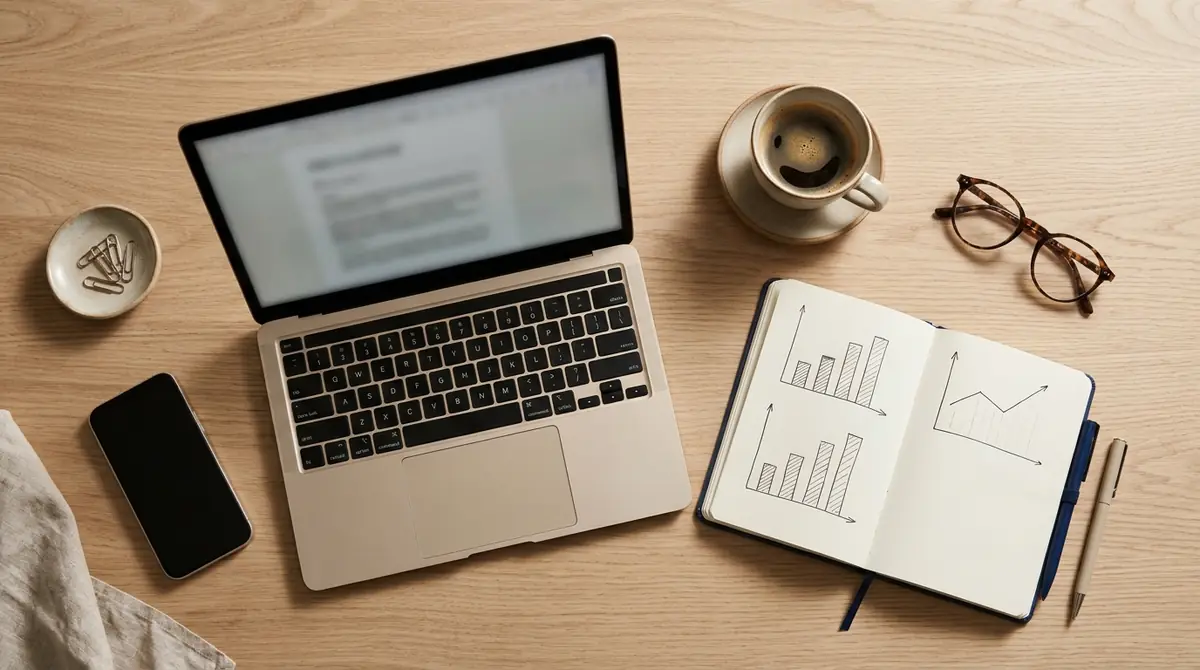 Desk with laptop, notebook and coffee while comparing internet packages