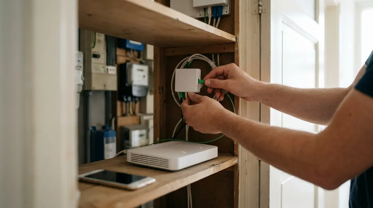 Connecting a fiber optic cable to the termination box in a Dutch meterkast for a new internet connection in the Netherlands