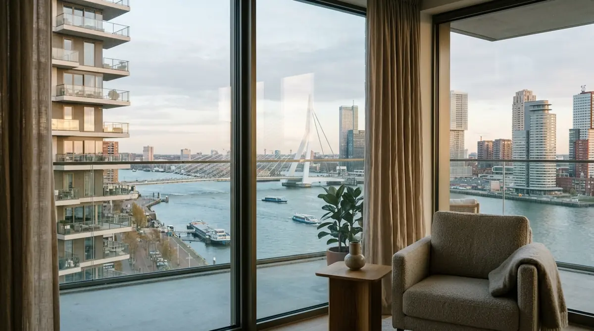 Rotterdam apartment view over the river Maas and a cable-stayed bridge