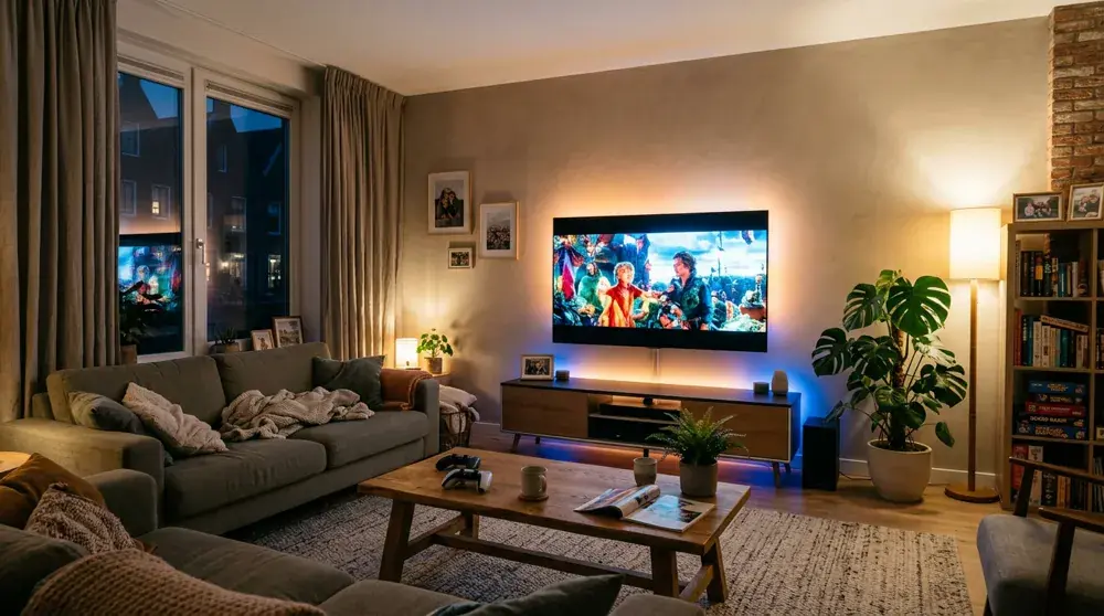 Living room set up for streaming and gaming on a large TV